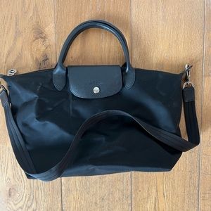 LONGCHAMP Black Le Pliage Large Top Handle Tote, Detachable Strap, Silver